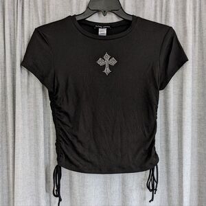 Perfectly Imperfect Top Women's M Y2K Black Rhinestone Ruched Sides Ribbed Goth